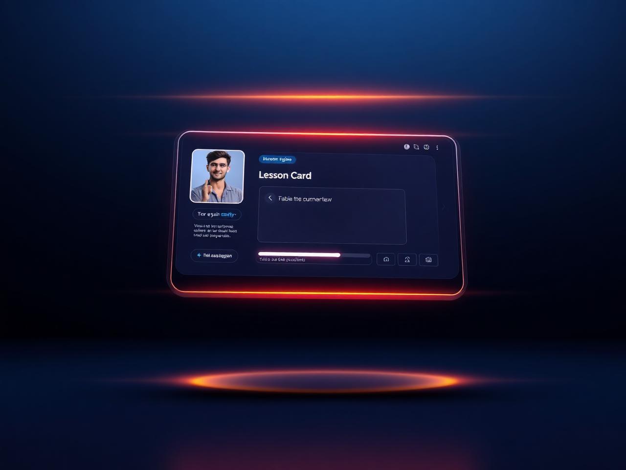 Concept mockup of an Avatuni interactive course player with avatar and quiz card